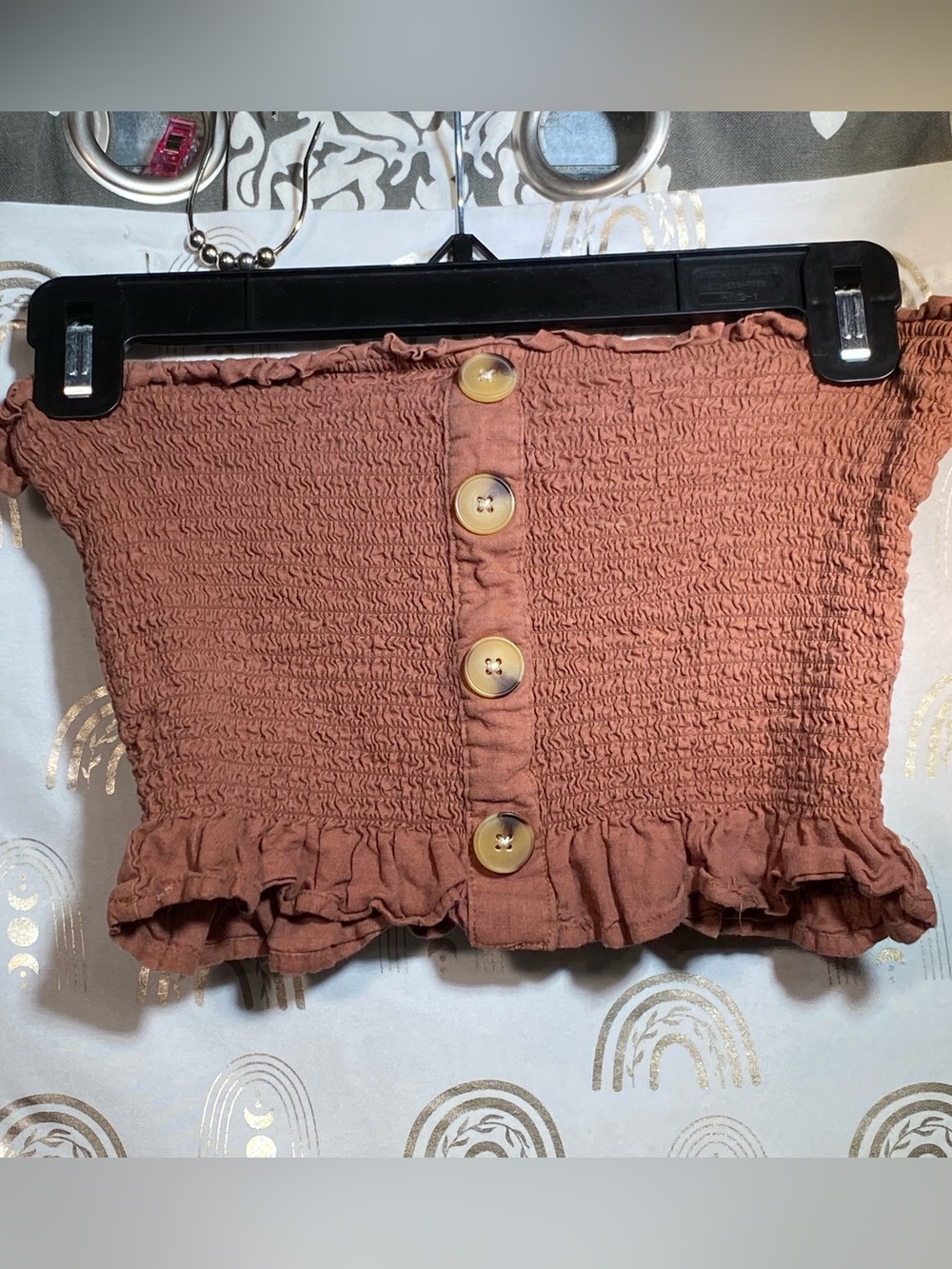 La Hearts Rust Brown Smocked Button-Front Crop Top